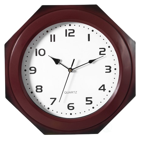 Brown Modern Octagon Shaped Wood- Looking Plastic Wall Clock For Living, Kitchen, Or Dining